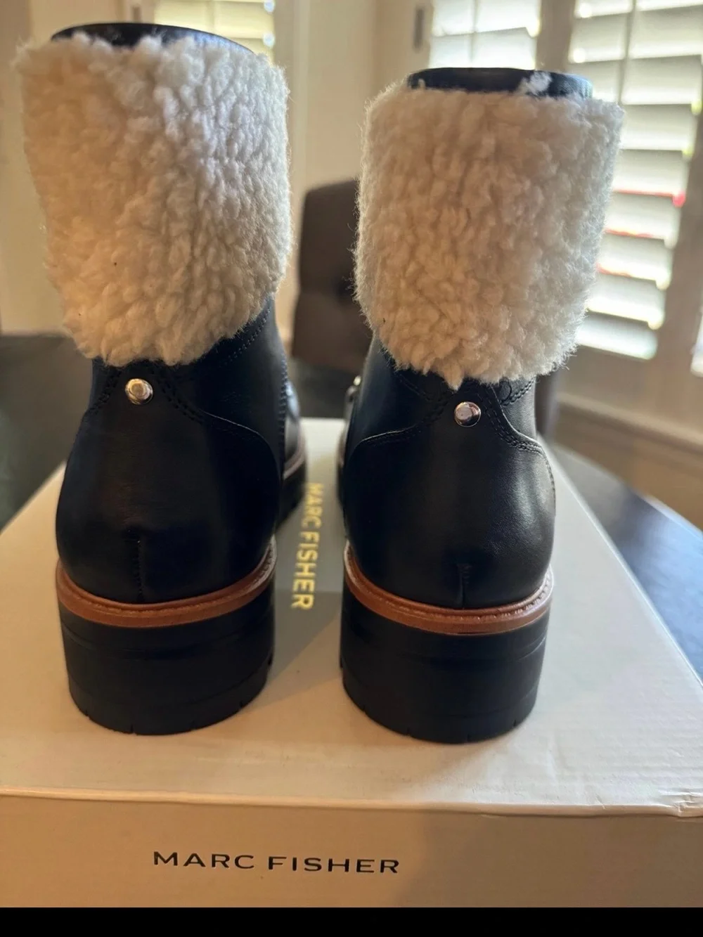 New! Marc Fisher Isalia Black Leather Shearling-Collar Lug Boot